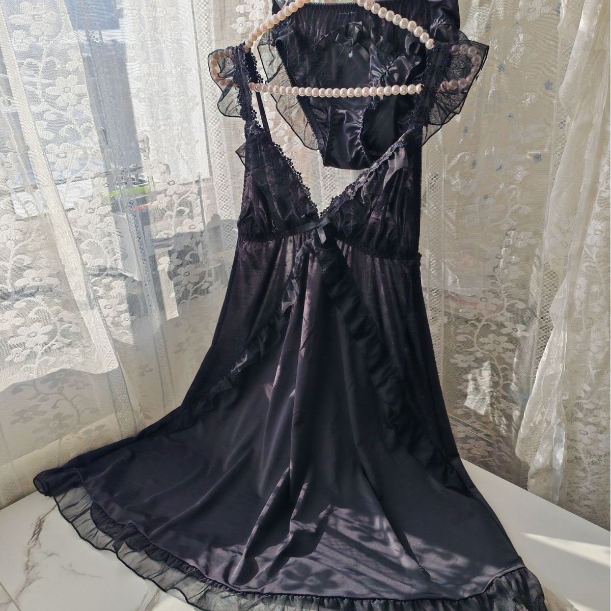 Women Black Ice Silk Nightgown - Spaghetti Strap Dress review and price